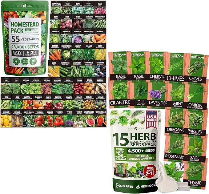 55 Vegetable Seeds &amp 15 Culinary Herb Seeds Pack – 32500+ USA Non-GMO Heirloom Seeds for Planting – Survival Garden Kit for Preppers – Gifts for Gardeners Men Women