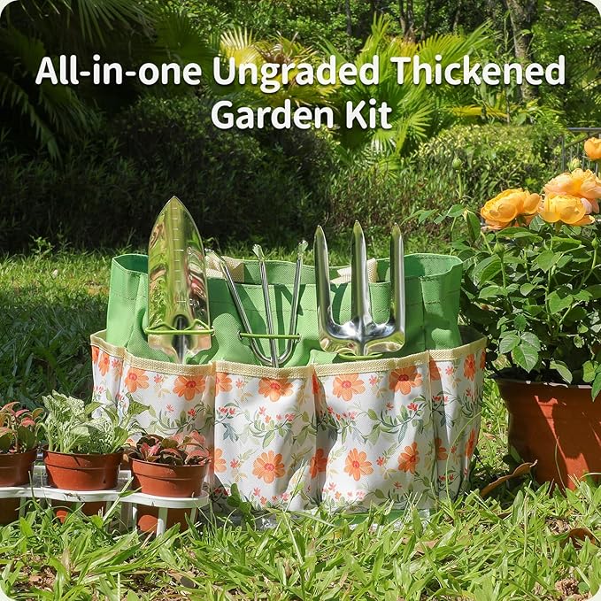 Gardening Tools 10-Piece Heavy Duty Stainless Steel Hand Tools with Durable Garden Tools Storage ToteRust-Proof Garden Tool Set Ideal Gardening Gifts for Women Yellow Floral Pattern Design