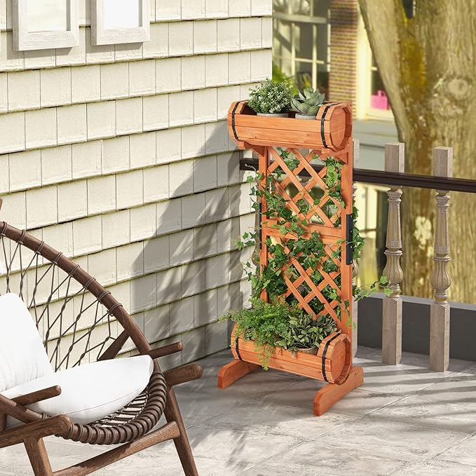 S AFSTAR Raised Garden Bed with Trellis Outdoor Wood Garden Planter W/ 2-Tier Round Planter Box &amp Trellis for Vine Climbing Plants Growing Vertical Plant Container for Garden Patio Balcony Oran