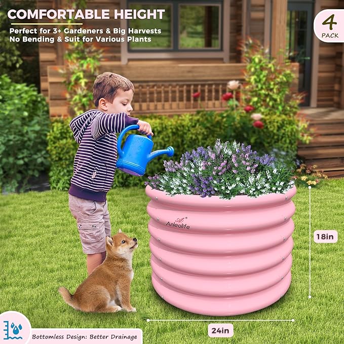 A ANLEOLIFE Kids Mini Raised Garden Beds Outdoor (4-Pack)-24x24x18in Round Galvanized Metal Planter Box for Planting Vegetables Flowers Fruits Eco-Safe &amp Easy Setup Blush Pink