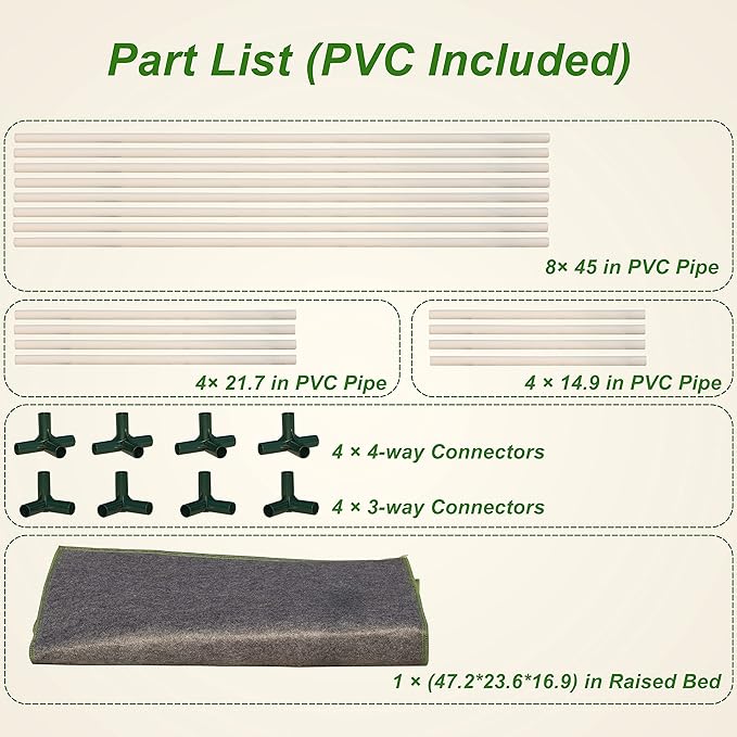 Gardzen Raised Grow Bed with PVC Frame - 47.2x23.5x16.9 Breathable Planter Raised Bed No-Till Design Includes Pipes &amp Connectors Air-Pruning for Healthier Plants