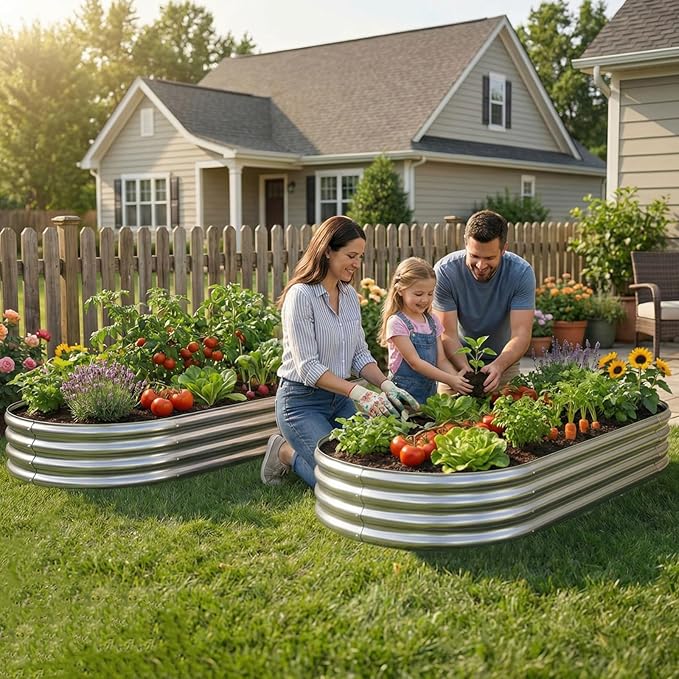 AHEONLAR 2 Pack 4x2x1ft Galvanized Raised Garden Bed Kit Oval Large Metal Planter Box Sturdy and Durable Garden Boxes Outdoor Raised for Vegetables Fruits Flowers and Herbs(Silver)