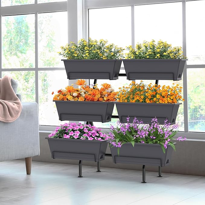 Sunexinlo 3-Tier Vertical Garden Planter with 6 Boxes 31 Tall Raised Garden Bed with Adjustable Feet for Herbs Flowers Vegetables Ideal for Indoor Outdoor Patio Balcony Deck Use Gray