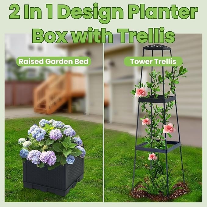2 Pack Raised Garden Bed Tomato Planter with Trellis - 45 Self Watering Planters Box with Trapezoidal Trellis for Climbing Plants Vegetables Flowers - Tomato Cages for Greenhouse Indoor Outdoor