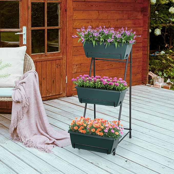 3 Tier Raised Garden Bed Vertical Elevated Garden Planter Standing Garden Bed Planter Box with Removable Tray Outdoor Herb Planter Stand on Patio Balcony Porch Green