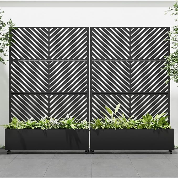 Casaphoria 72x47 Metal Raised Garden Bed with Trellis(2 Pack) Outdoor Planter Box with Wheels &amp Drainage Holes for Climbing Plants Flowers Elevated Garden Kit with Privacy Screen Black-Paral
