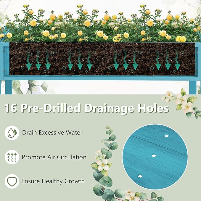 Raised Garden Bed with Legs 47 x 18 x 29 Inch Elevated Planter Box w/HIPS Frame Drainage Holes &amp Storage Shelf Standing Raised Planter for Flowers Herbs Outdoor Balcony Backyard (Blue)