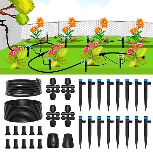 MIXC Drip Irrigation SystemQuick Connector Garden Watering System Automatic Sprinkler System Kit for Lawn Raised Bed Greenhouse Plant Watering System (16FT Main Tube+ 79FT 1/4'' Tube)