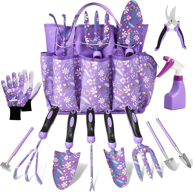 Gardening Gifts for Women 12PCS Heavy Duty Garden Tools Set with Large Purple Garden Bag and Gloves Pruning Shears Unique Birthday Easter Gardening Gifts for Mom Girlfriend Planting Lovers