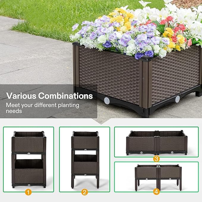 Elevated Planters Raised Garden Beds Plastic Vegetables Plant Raised Bed Kits Herbs Flowers Growing Box with Legs &amp Drainage Holes for Garden Patio Balcony Restaurant Brown