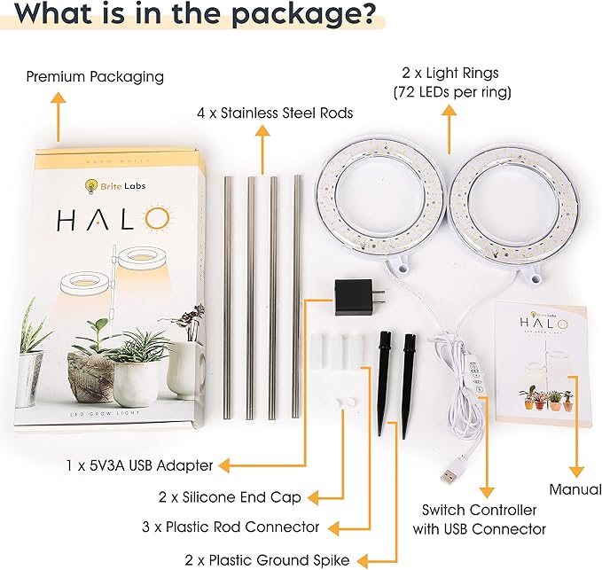 HALO Plant Light - 2 Adjustable LED Rings Warm White Spectrum - LED Grow Lights for Indoor Plants Seed Starting Seedlings Succulents Herbs &amp Vegetables - Plant Lights for Indoor Growing
