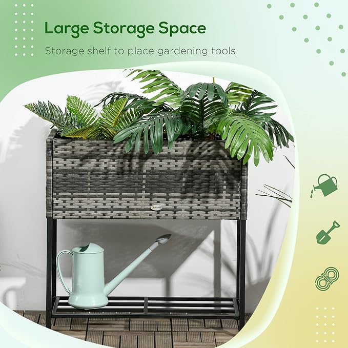 Raised Garden Bed Elevated Planter Box with Rattan Wicker Look Tool Storage Shelf Portable Design for Herbs Vegetables Flowers Gray