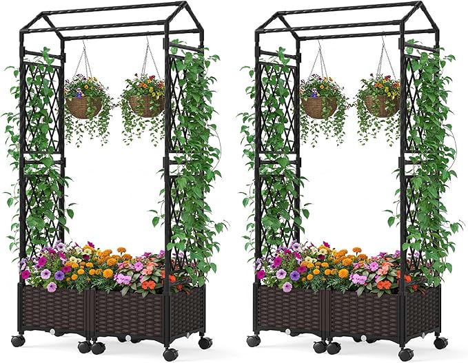 HAPPYGRILL Raised Garden Bed with Trellis 2 Tall Self-Watering Planter Box on Lockable Wheels w/Roof Weatherproof Rattan Garden Bed Outdoor for Climbing Vine Flower (32” x 16” x 64)