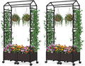 HAPPYGRILL Raised Garden Bed with Trellis 2 Tall Self-Watering Planter Box on Lockable Wheels w/Roof Weatherproof Rattan Garden Bed Outdoor for Climbing Vine Flower (32” x 16” x 64)