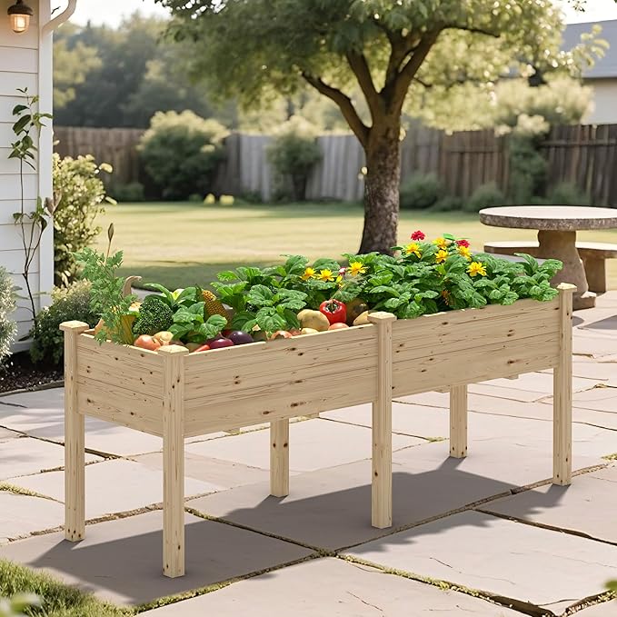 72x23x30in Raised Garden Bed with Legs Outdoor Elevated Wood Planted Box with Divider Panel &amp Drainage Hole for Vegetable Flower Backyard and Patio Natural