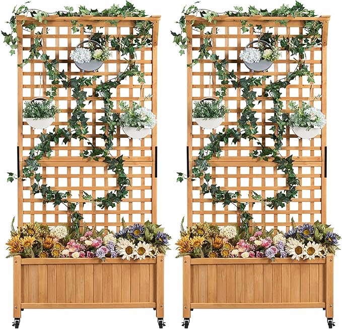 Yaheetech 72 H Garden Planter with Trellis for Vine Climbing Horticultural Plants Yard Box Outdoor w/Drainage Holes Garden Planter Bed for Flowers Herbs Light Brown