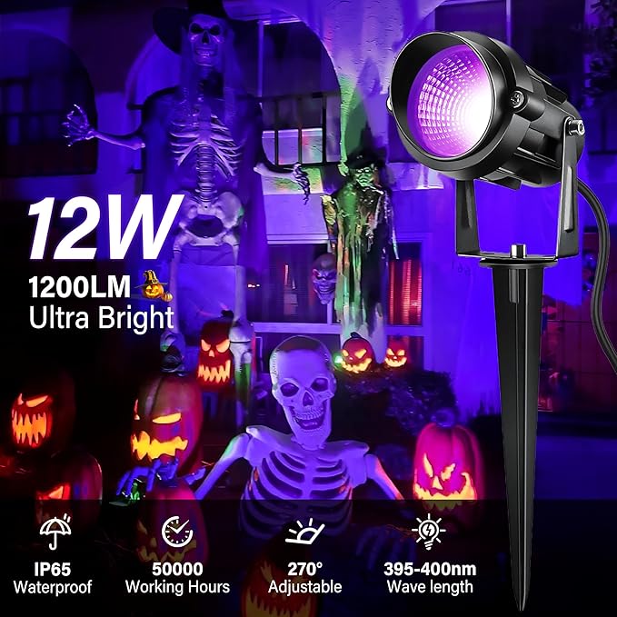 Halloween Christmas Outdoor Spotlights Purple Spotlight 4 Pack 110V Plug-in Outdoor Blacklight12W UV Halloween Black Light Spot Lights Outdoor with IP65 Waterproof for Party Body Paint