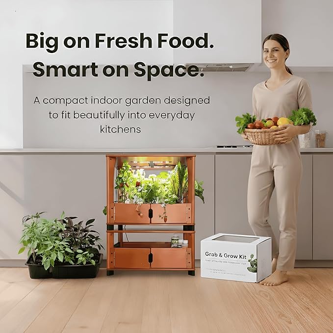 Hydroponic Home Garden Farm with LED Grow Lights + Grab &amp Grow Kit Included | Organic Microgreens Herbs &amp Vegetables | Real Wood Design | Stackable Mess-Free Year-Round Harvest (Brown)