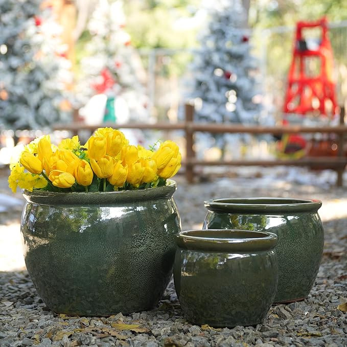 Handmade Dark Green Glazed Ceramic Planter Set of 3 15129 Inch Diameter Solid Glossy for Succulents Herbs Outdoor G Indoor Staircase Use Breathable Clay with Drainage Holes