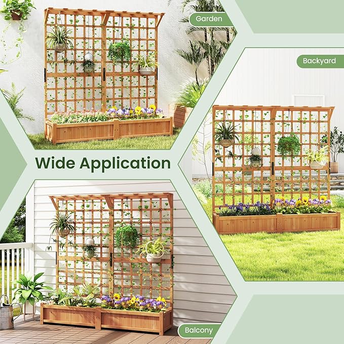 72” Planter Box with Trellis - Large Wooden Freestanding Garden Planter w/Hanging Roof 8 Drainage Holes &amp Lattice Panel - Raised Garden Bed with Trellis for Climbing Plants Flowers Vine