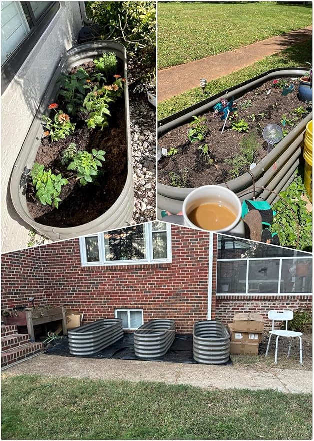 A ANLEOLIFE 4 Pcs 6X2X1.5 ft Oval Round Galvanized Raised Garden Beds Outdoor for Planting Vegetables Flowers Herb Quartz Grey