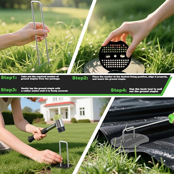 6 Inch Landscape Staples Set 11 Gauge Galvanized U-Shaped Garden Stakes (100 Pack) with Gaskets Hook Tool &amp Rubber Mallet for Weed Fabric &amp Landscaping