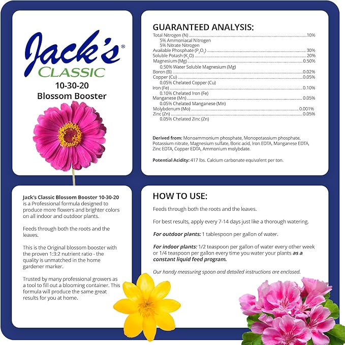 Jack's Classic 10-30-20 Blossom Booster Water-Soluble Fertilizer with Micronutrients for Increasing Color and Quantity of Blooms in Flowering Plants 4lbs