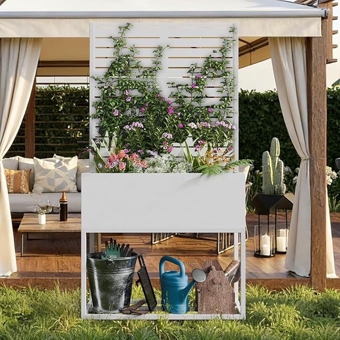 Metal Planter Box Multi-Functional &amp Easy to Assemble 67 H x 35 W Raised Garden Bed for Climbing Plants Elevated Standing Garden Planter with Drainage Holes for Outdoor Patio White