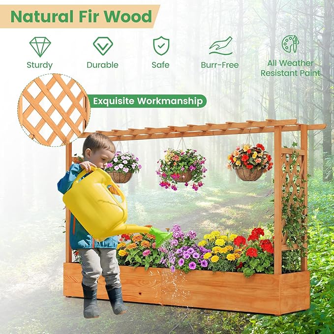 45-Inch Raised Garden Bed Wood Garden Freestanding Elevated Planter with Hanging Roof Drainage Holes for Vine Climbing Plants Flowers Planter Box with Trellis for Garden Patio Yard