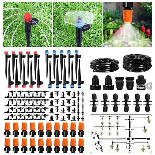 260 FT Drip Irrigation System Kit Automatic Garden Watering System with 2/5 &amp 1/4 Tube for Greenhouse Lawn Raised Bed Micro Misting Plant Sprinkler System Adjustable Drip Emitters