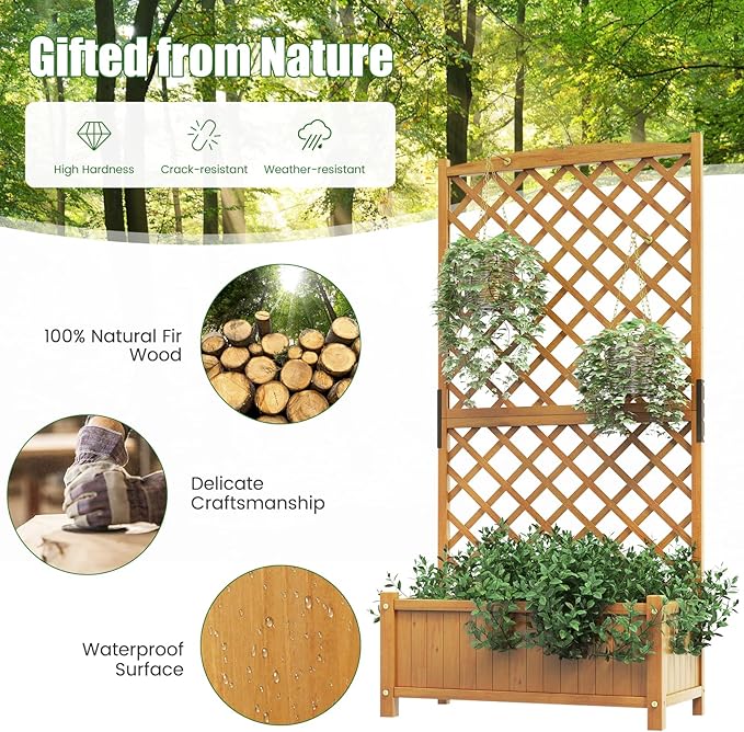 HAPPYGRILL 2 Pcs Raised Garden Bed 71 Wooden Planter Box with Trellis Drainage Holes Freestanding Elevated Garden Bed for Vine Climbing Plants (Yellow)