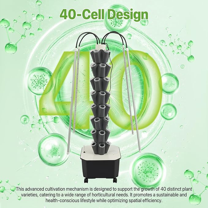 Hydroponic Growing System Kit 40 Plants 5-Layer Vertical Hydroponic Tower with LED Light Vertical Hydroponics Garden Tower with Pump &amp Water Level Gauge for Herbs Vegetables Fruits (Grey)