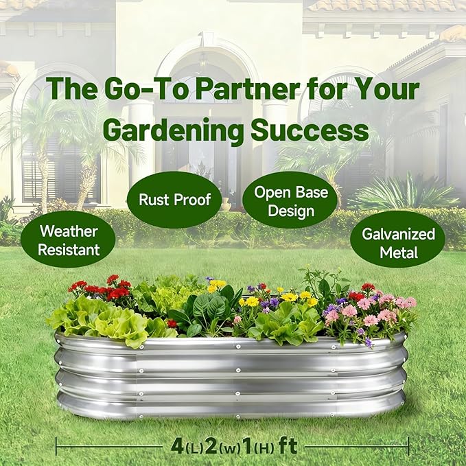 GOOZOO 2PC Galvanized Planter Raised Garden Beds 4x2x1ft Raised Garden Bed Kit for Gardening Outdoor Oval Metal Land Planter Box for Vegetables Fruits Flowers（Silver）