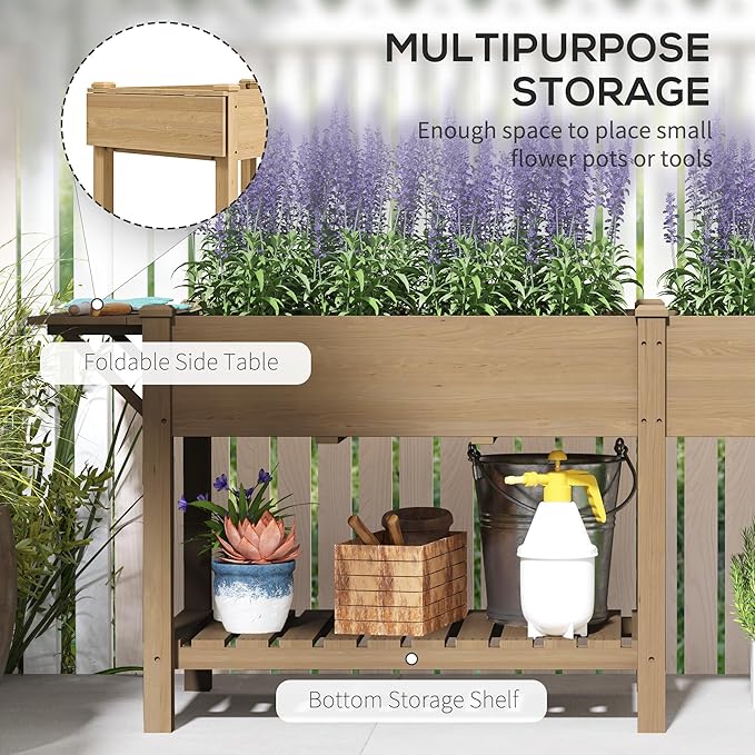 Outsunny Raised Garden Bed Wood Elevated Planter Box with Side Table Bottom Shelf Outdoor Raised Planter with Bed Liners Drainage Holes for Vegetable Flower 81.5 x 23 x 31 in Carbonized Brown