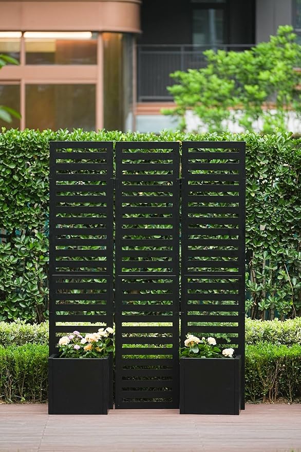 Privacy Screen with Planter Box 3-Panel Outdoor Privacy Planters Freestanding Room Divider with Self-Draining Raised Garden Beds &amp Trellis Metal Garden Fence Panel for Patio Deck Yard