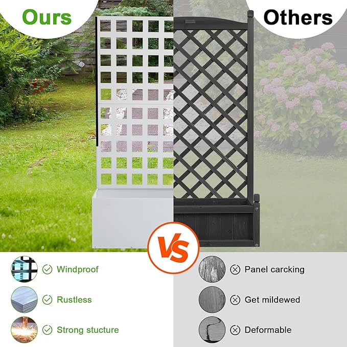 CABIHOME Metal Planter Box with Trellis Privacy Screen Galvanized Steel Modular Design for Climbing Plants Raised Garden Bed for Outdoor Patio Backyard &amp Garden Decor (White)