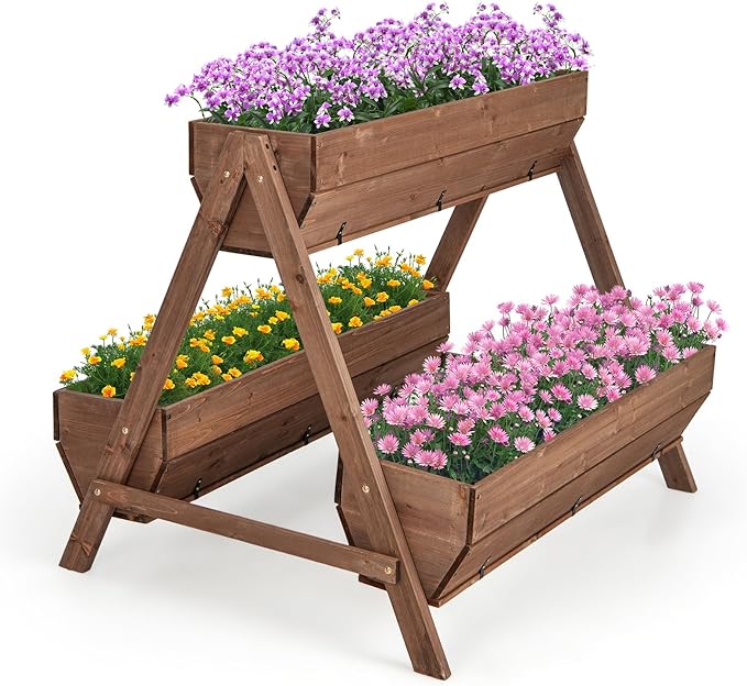 Giantex Vertical Raised Garden Bed 3 Large Wood Planter Boxes for Flower Vegetable Fruit Herb Freestanding Planter with Drain Holes Elevated Raised Beds for Indoor Outdoor Lawn Patio Yard Brown