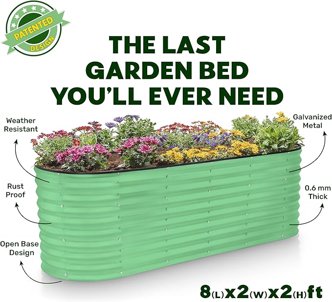 Plant &amp Plot Galvanized Raised Garden Beds Outdoor // 8×2×2 ft Planter Raised Beds for Gardening Vegetables Flowers // Large Metal Garden Box (Light Green) // Patented Tool-Free Design