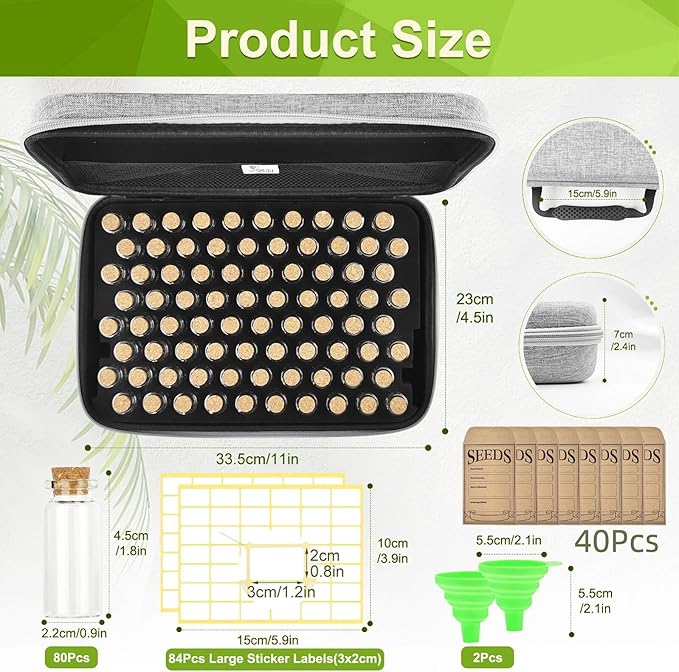 80 Slots Seed Storage Organizer with 40 Seed Envelopes Sturdy Organizer Storage Box with Label Stickers Glass Container for Flower Vegetable Garden Seed Saving (Seeds not Included)