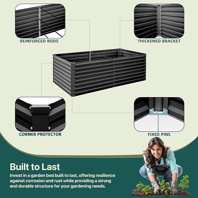 Raised Garden Bed 6x3x2ft Galvanized Raised Garden Beds Outdoor for Vegetables Flowers Herbs Steel Large Deep Planter Box Tall Raised Garden Bed with 3ftx30ft Weed Barrier Fabric and Glove Black