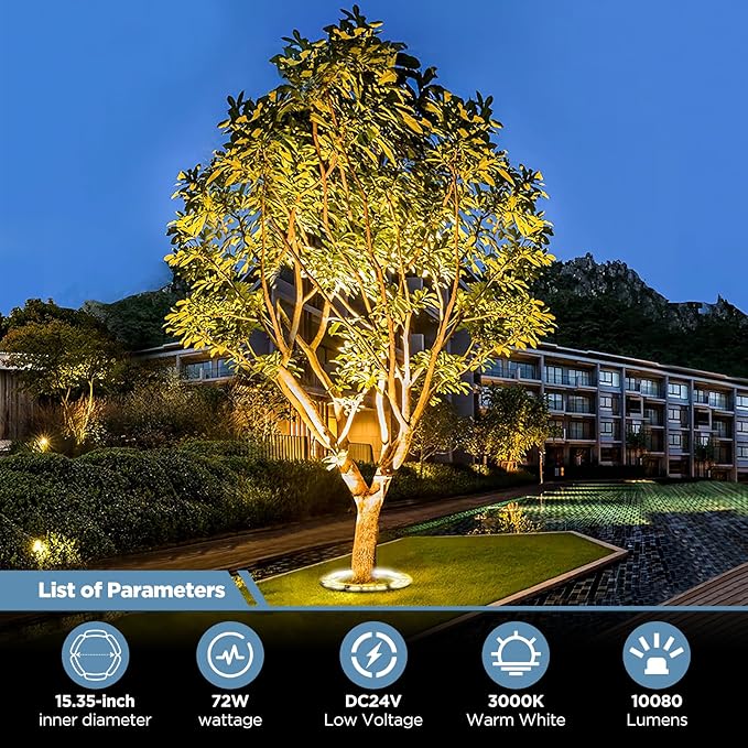 Gardencoin Outdoor Ring Tree Lights 72W LED Landscape Uplighting for Trees 3000K Warm White Low Voltage IP65 Waterproof 15.35 Inner Diameter DC24V Driver Included 10080 Lumens Set of 6