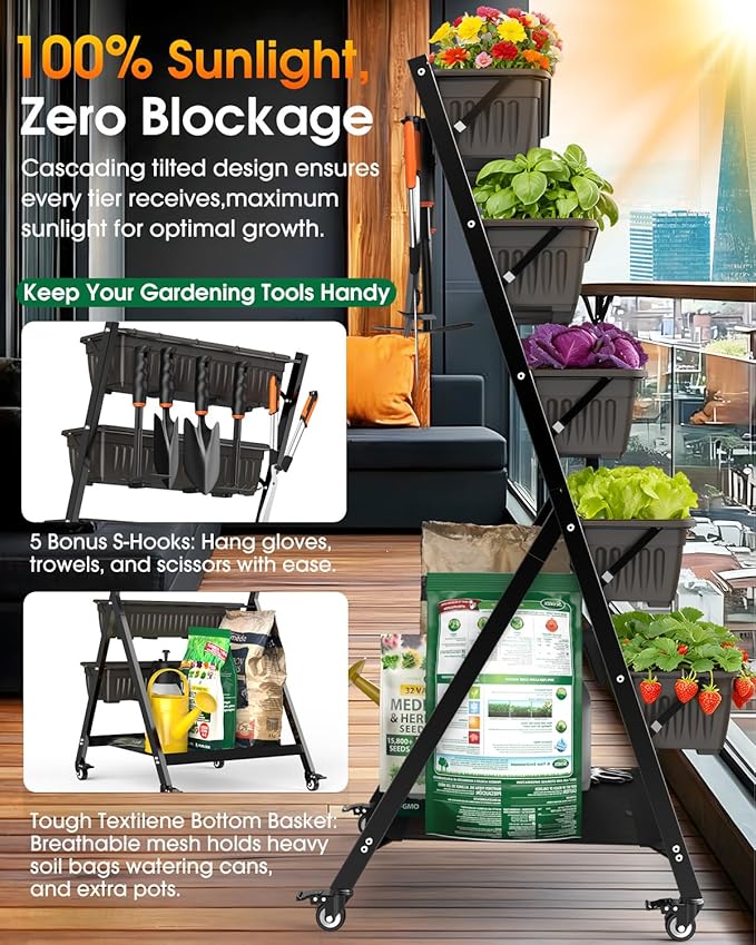 5-Tier Vertical Garden Bed Planter Boxes with Wheels Drainage System &amp Storage Space Mobile Vertical Garden Planter with 5 S-Hooks for Plants Vegetables Flowers Herbs in Garden Patio Yard