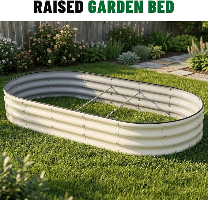 SnugNiture 2 Pcs 6x3x1ft Raised Garden Bed Kit Outdoor Oval Metal Garden Planter Ground Planter Box for Gardening Vegetables Flowers White