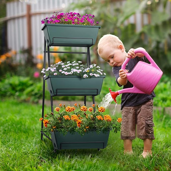 3 Tier Raised Garden Bed Vertical Elevated Garden Planter Standing Garden Bed Planter Box with Removable Tray Outdoor Herb Planter Stand on Patio Balcony Porch Green