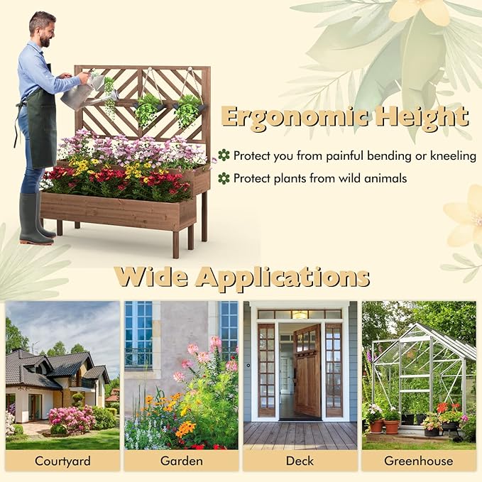 Giantex Raised Garden Bed with Trellis 2-Tier Wooden Planter Box with Legs and Drain Holes Garden Trellis for Vine Fruit Vegetable Flower Herb Outdoor Elevated Garden Bed (Brown)