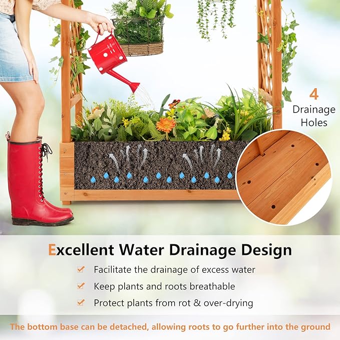 S AFSTAR Raised Garden Bed with Arch Trellis Wood Planter Box with Hanging Roof Side Trellis 4 Drainage Holes Above Ground Elevated Garden Bed for Outdoor Climbing Plants Vines Patio