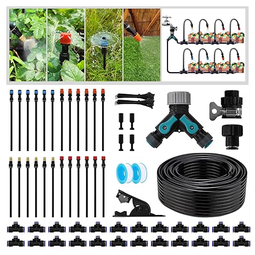Drip Irrigation Kit - 100ft Automatic Watering System with 24 360° Sprinkler Nozzles T-Connectors for Garden Lawn Greenhouse Patio Plants &amp Hydroponics