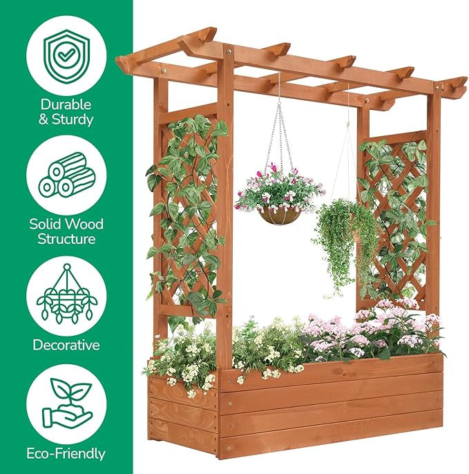 Elevated Garden Bed with Arch Trellis &amp Hanging Roof 44.5 Wooden Outdoor Planter Box for Climbing Vines Flowers Above-Ground Design Privacy Screen with Side Trellis &amp 4 Drainage Holes (Tea