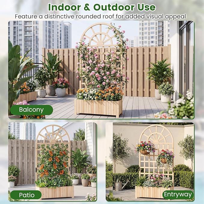 Happygrill Wooden Raised Garden Bed with Trellis Outdoor Planter Box with Drainage Holes Privacy Screen Natural Fir Wood Elevated Garden Bed for Climbing Plants Flowers (2 Natural 36''x12''x71'')