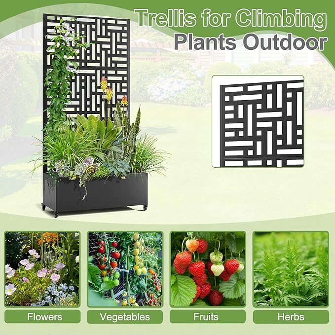 Raised Garden Bed with Trellis and Wheels73x35x16 Metal Raised Garden BedBlack Modern Metal Planter with Climbing Trellis for Vines &amp Vegetables
